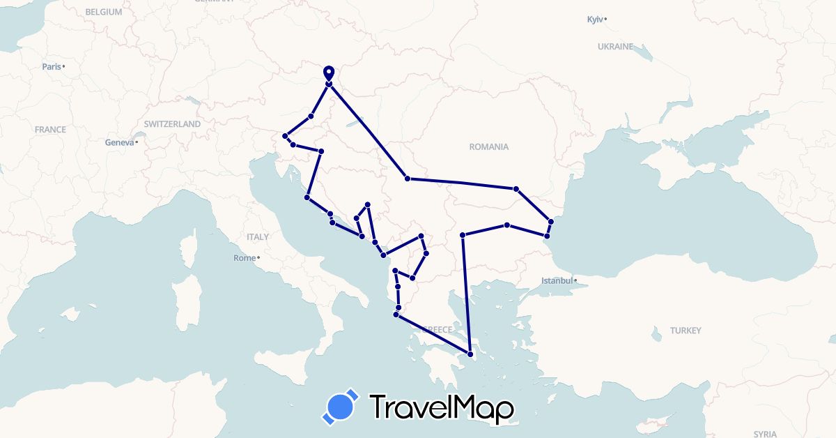 TravelMap itinerary: driving in Albania, Austria, Bosnia and Herzegovina, Bulgaria, Greece, Croatia, Montenegro, Macedonia, Romania, Serbia, Slovenia, Kosovo (Europe)